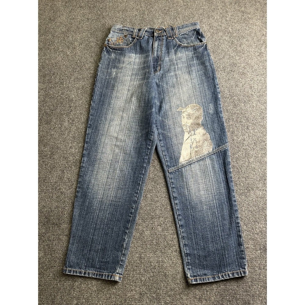 Men's Makaveli Tupac Y2K Hip Hop Baggy Graphic Rhinestone Jeans Blue, Size 34